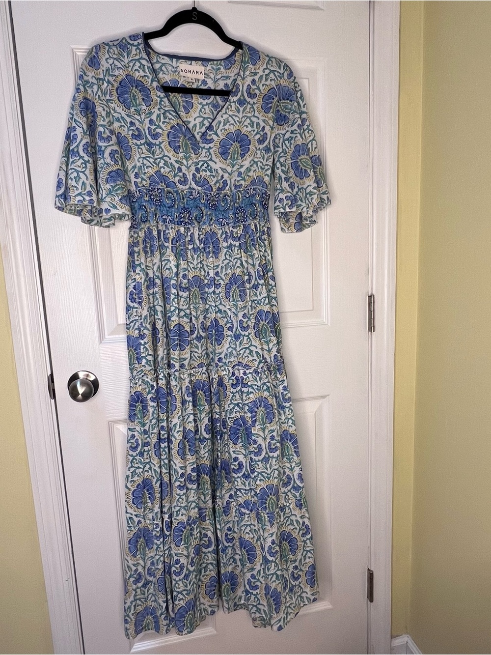 Sohana Women’s Maxi Tiered Smocked Ruffle Block Print Dress Gauzy Cotton Size S